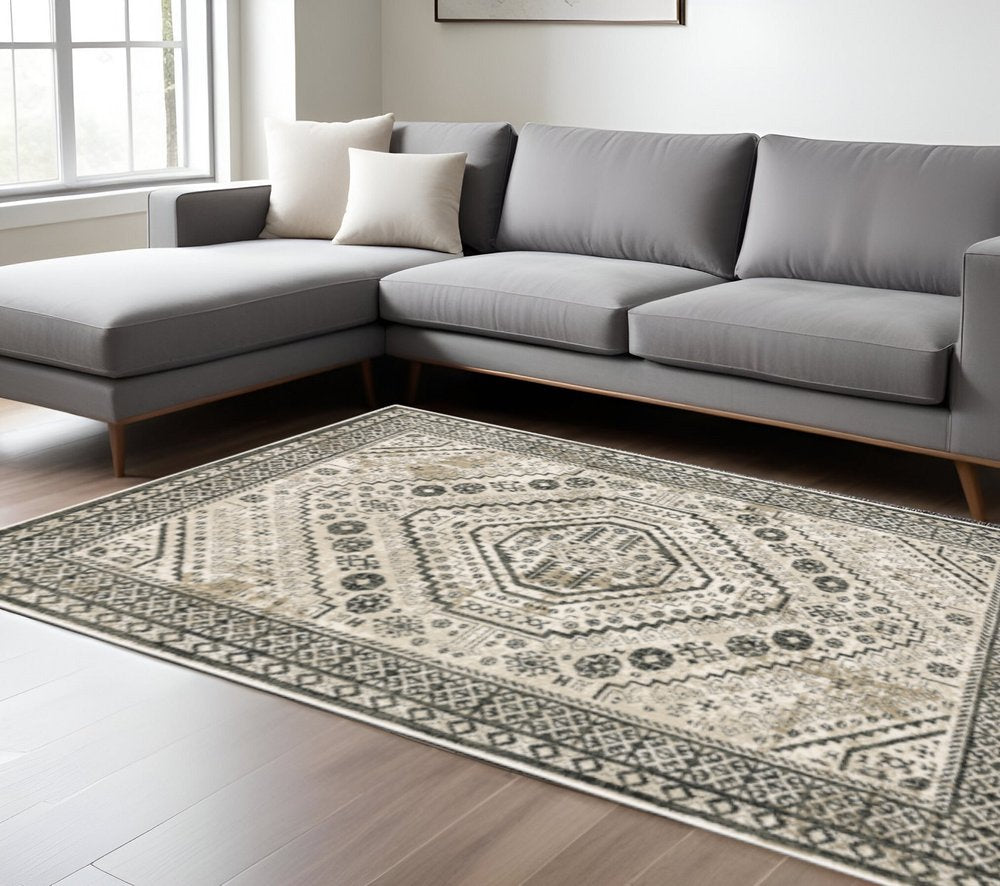 8' X 10' Ivory Grey Black And Ivory Oriental Power Loom Stain Resistant Area Rug