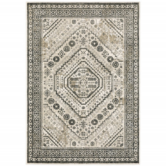10' X 13' Ivory And Gray Oriental Distressed Area Rug