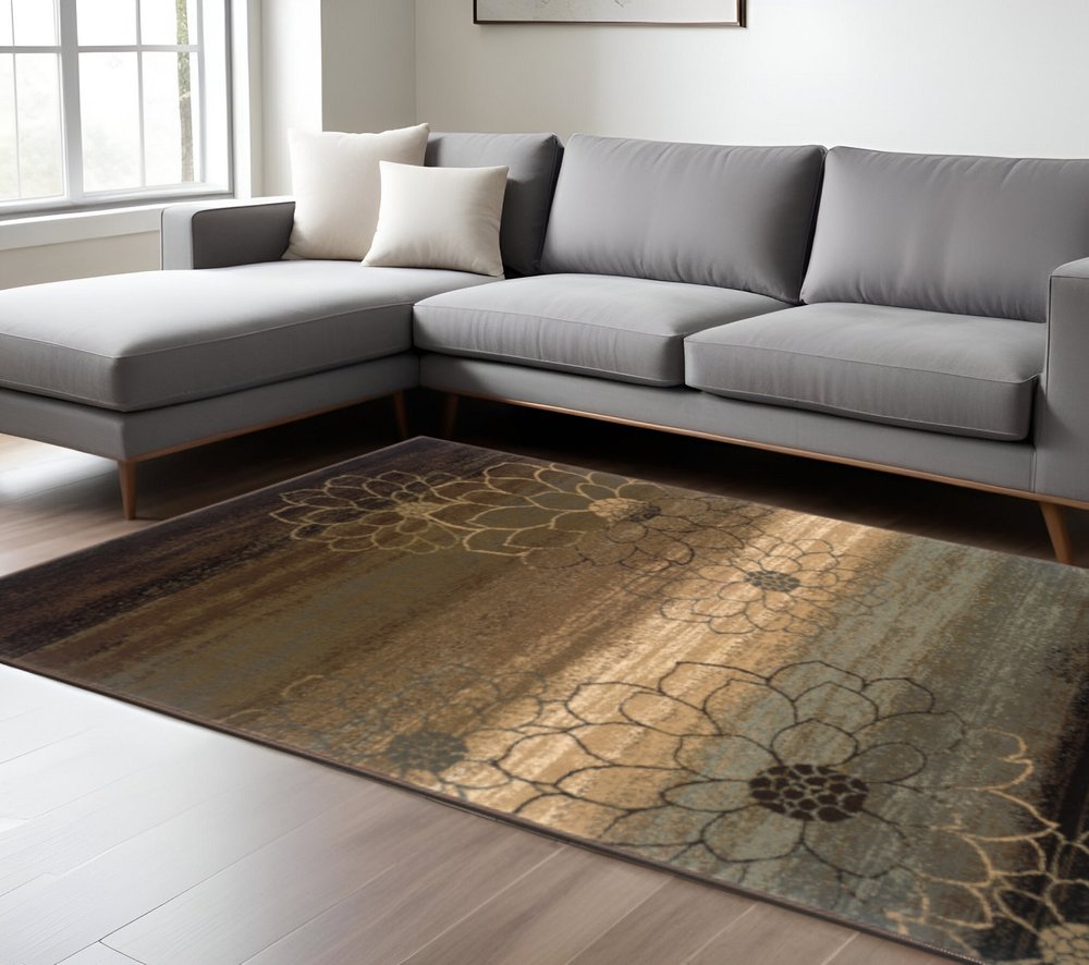 10' X 13' Brown And Beige Floral Power Loom Stain Resistant Area Rug