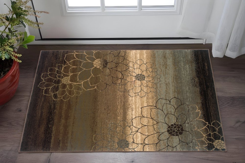2' X 3' Brown And Beige Floral Power Loom Stain Resistant Area Rug