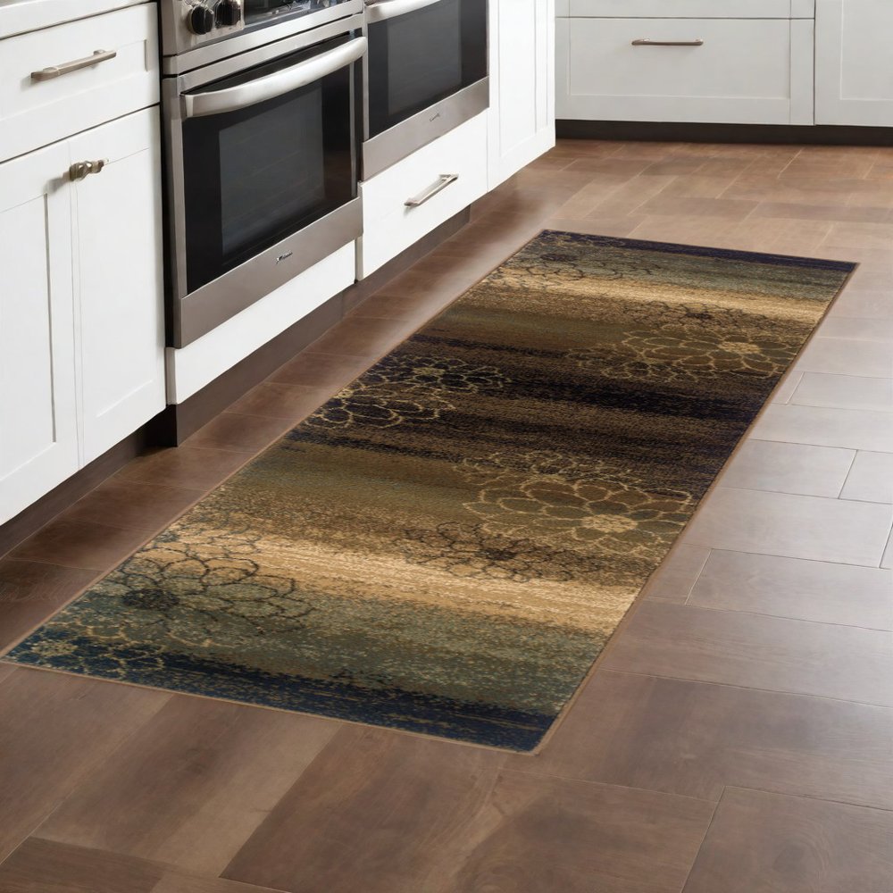 8' Brown Beige And Black Floral Runner Rug