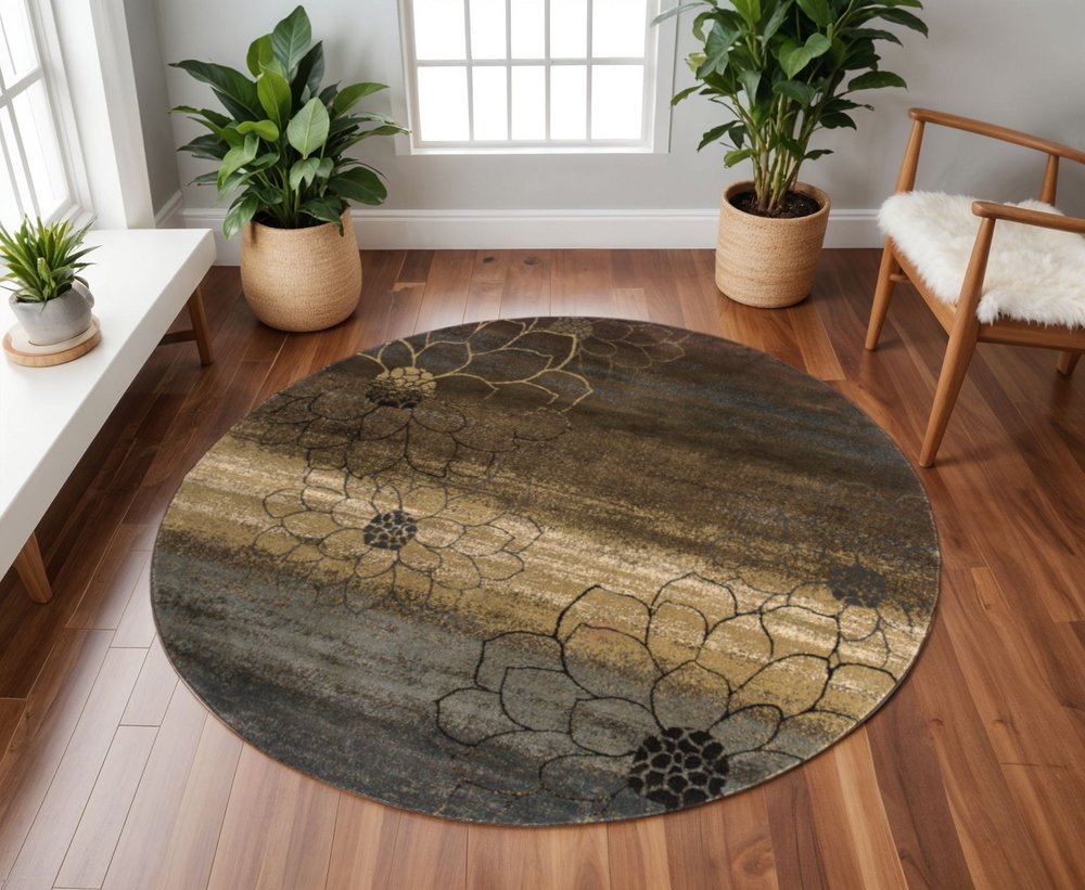 8' Brown Round Floral Power Loom Stain Resistant Area Rug