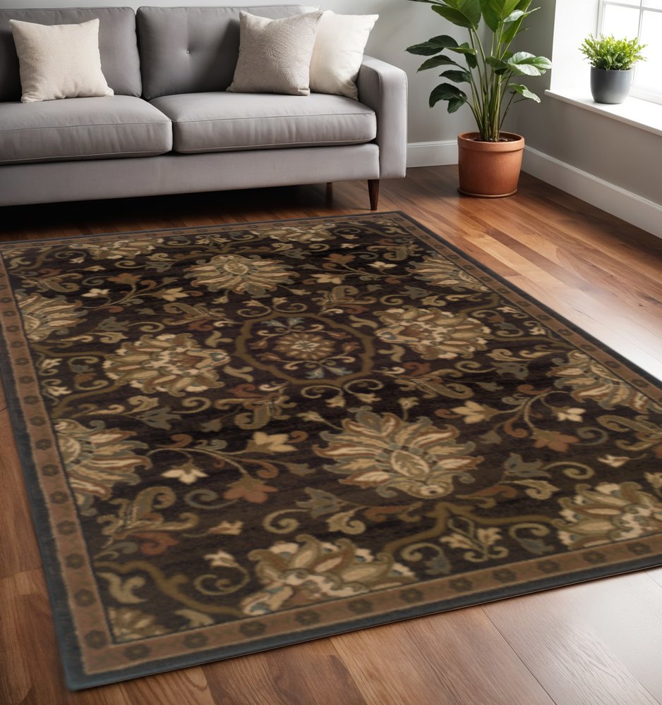 5' X 8' Brown Beige Blue And Red Oriental Power Loom Stain Resistant Area Rug