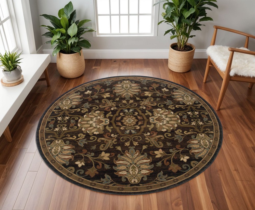 8' Brown Round Oriental Power Loom Stain Resistant Area Rug