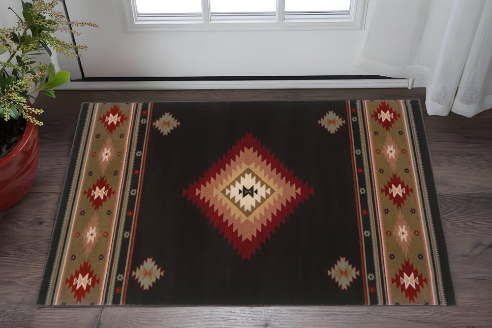 2' X 3' Black And Green Southwestern Area Rug