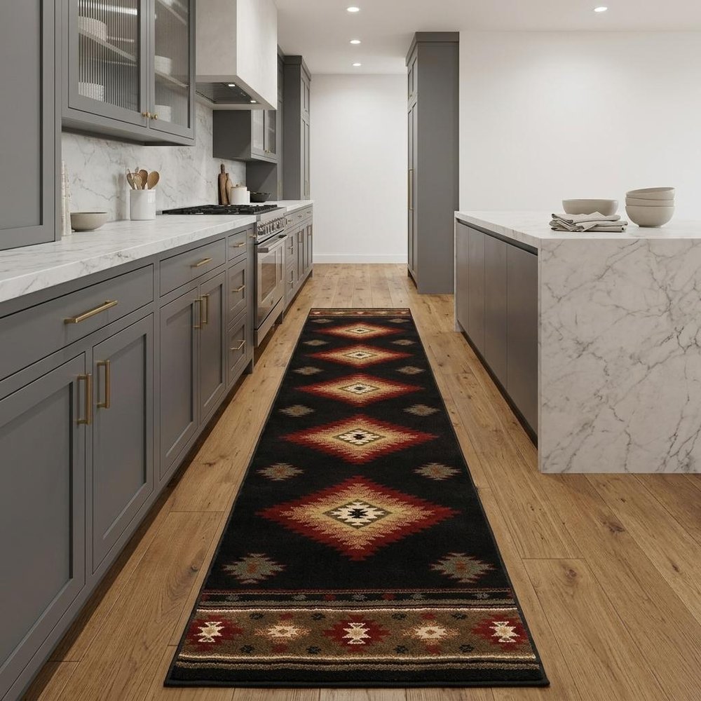 8' Black And Green Southwestern Runner Rug