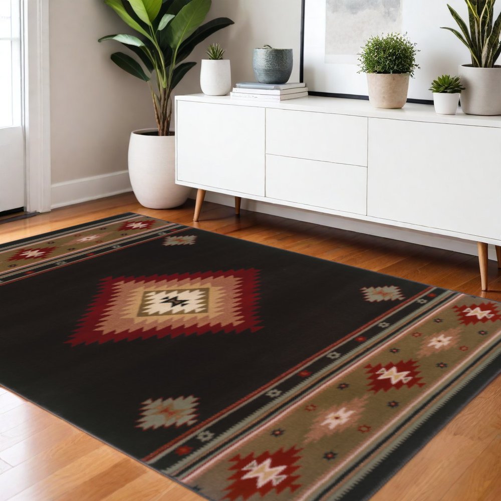 4' X 6' Black And Green Southwestern Power Loom Stain Resistant Area Rug