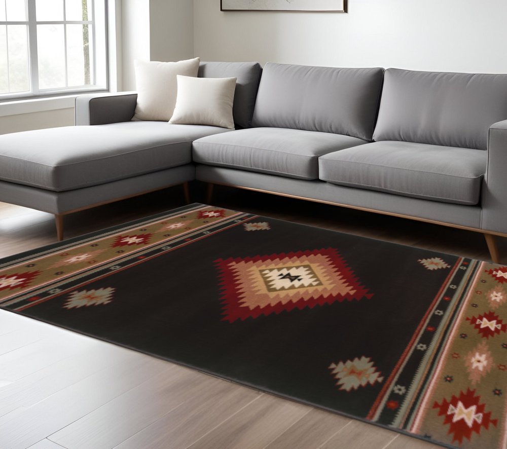 8' X 11' Black And Green Southwestern Power Loom Stain Resistant Area Rug