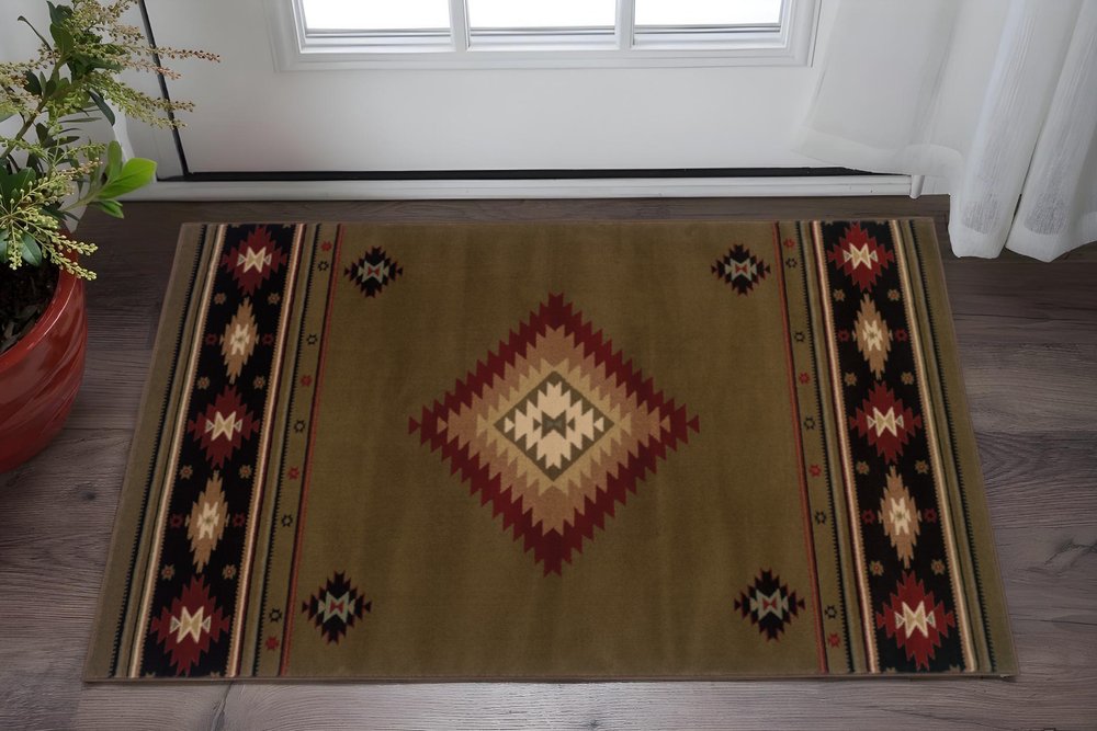 2' X 3' Green Southwestern Power Loom Stain Resistant Area Rug