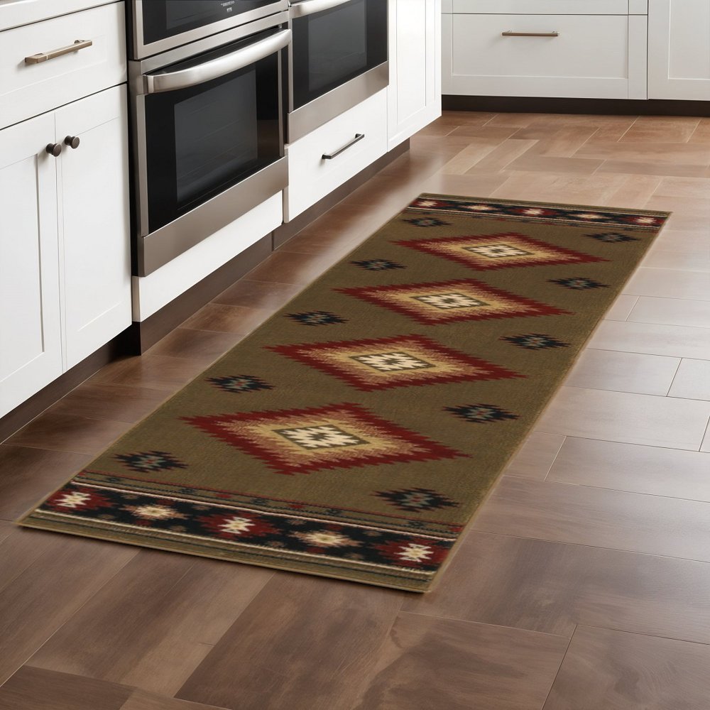 2' X 8' Green Southwestern Power Loom Stain Resistant Runner Rug