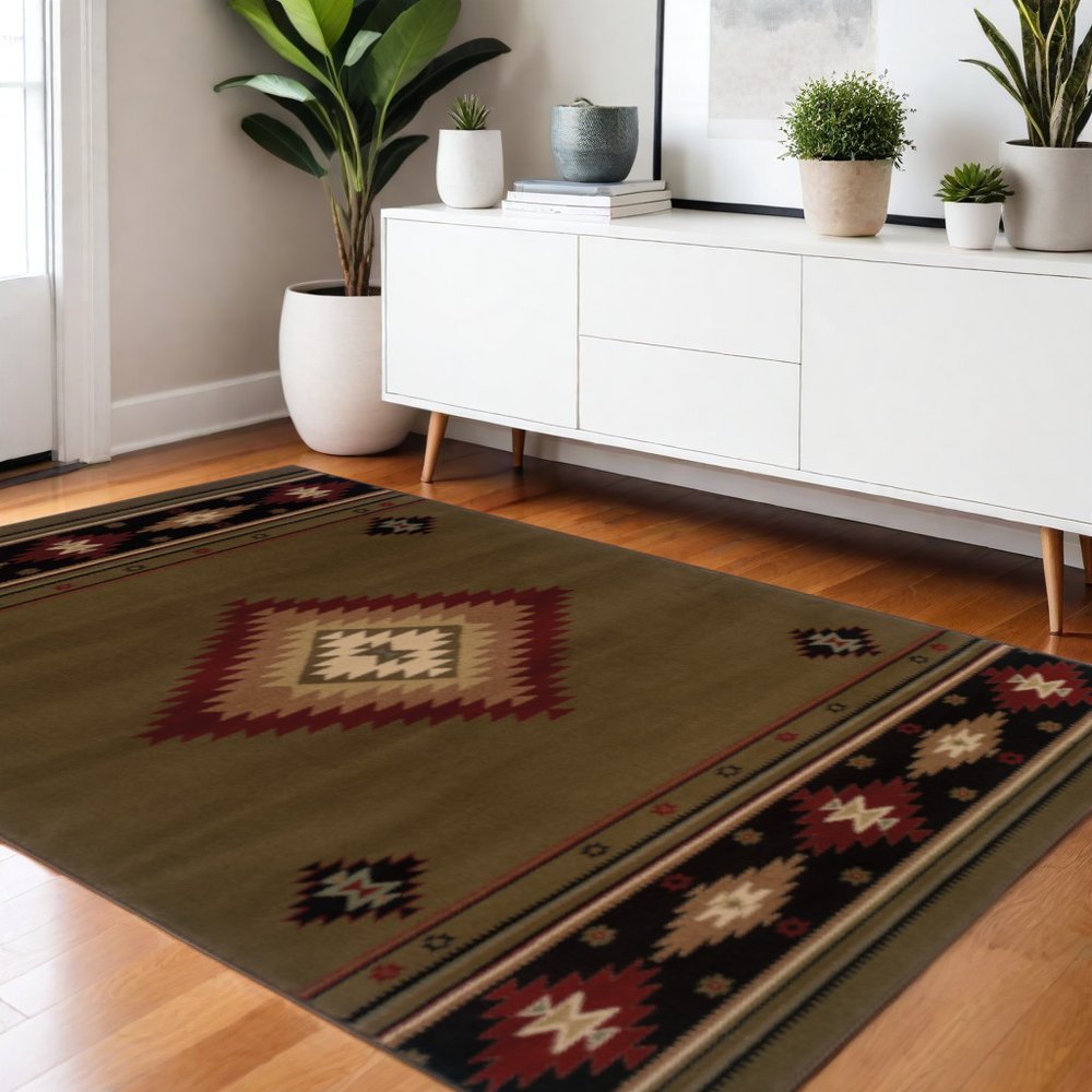 4' X 6' Green Southwestern Power Loom Stain Resistant Area Rug