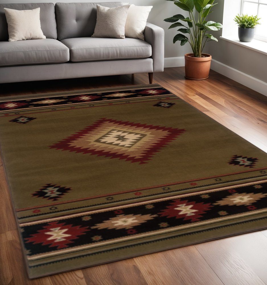 5' X 8' Green Southwestern Power Loom Stain Resistant Area Rug