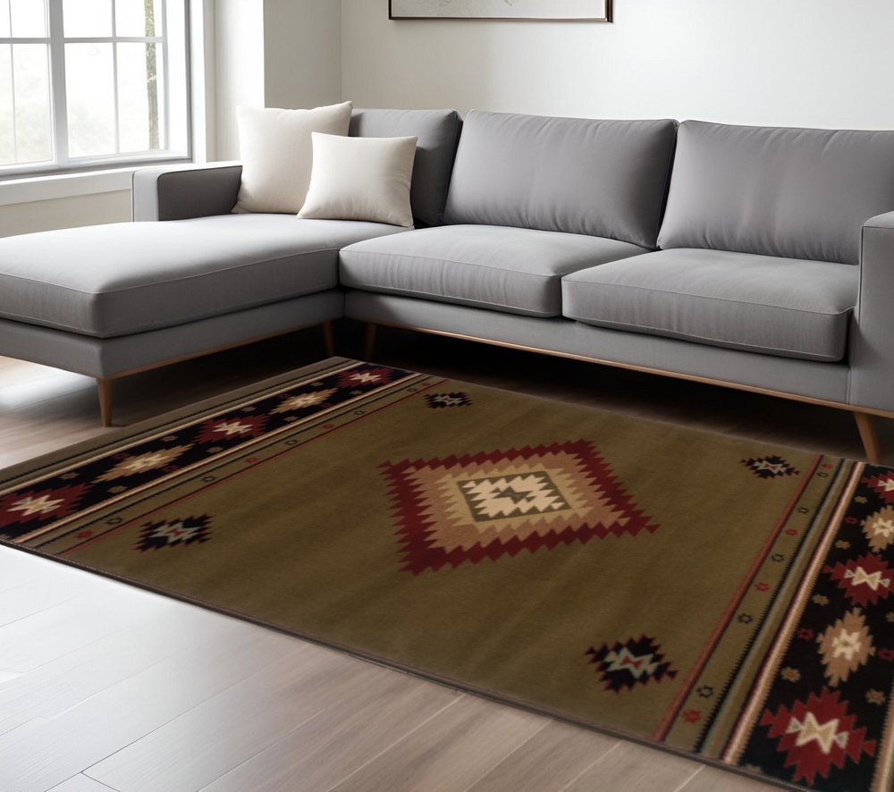 6' X 9' Green Southwestern Power Loom Stain Resistant Area Rug