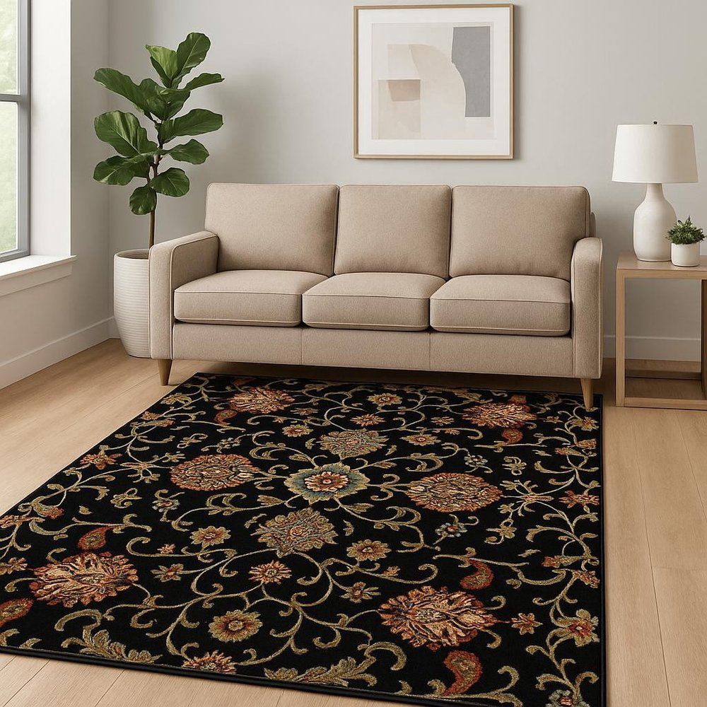 5' X 8' Black Red Green Ivory Salmon And Yellow Floral Power Loom Stain Resistant Area Rug