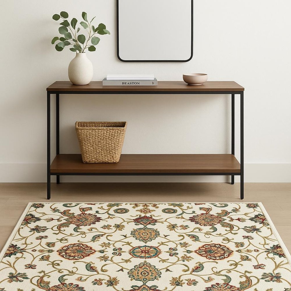 4' X 6' Ivory Green Blue Red Salmon And Yellow Floral Power Loom Stain Resistant Area Rug