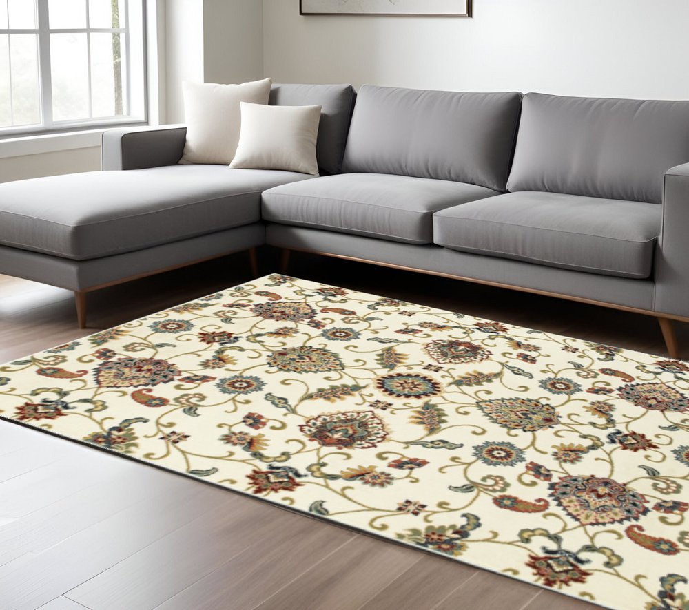 6' X 9' Ivory Green Blue Red Salmon And Yellow Floral Power Loom Stain Resistant Area Rug