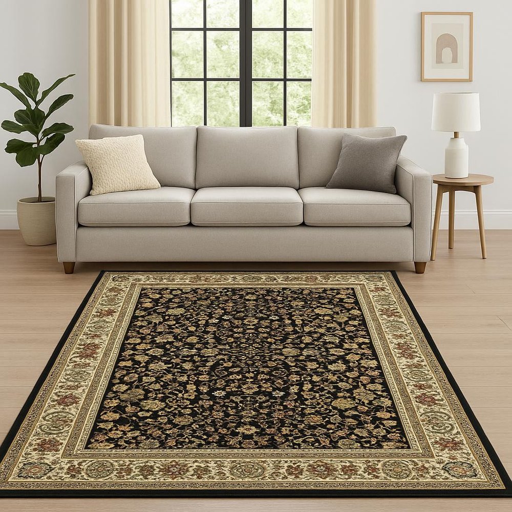 6' X 9' Black And Ivory Oriental Power Loom Stain Resistant Area Rug
