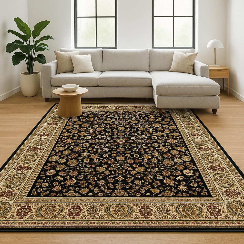 10' X 13' Black And Ivory Oriental Power Loom Stain Resistant Area Rug