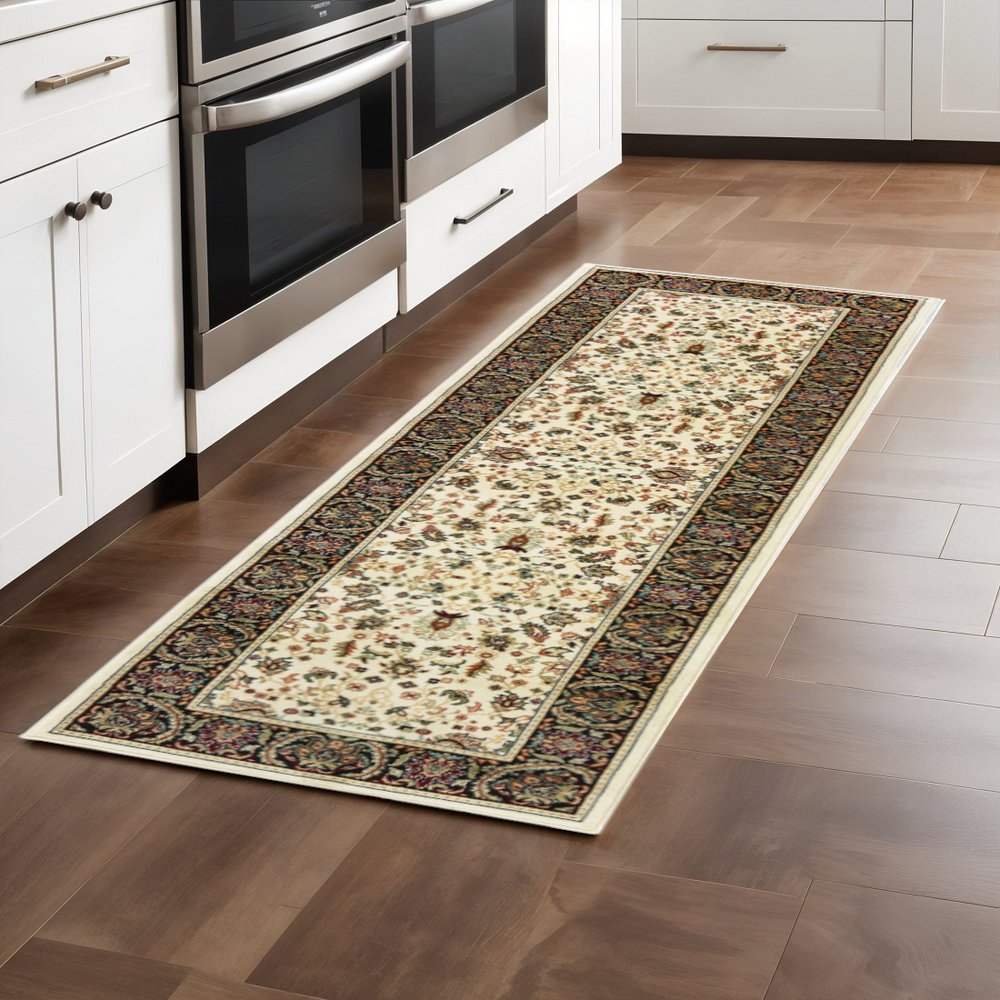 2' X 8' Ivory And Black Oriental Power Loom Stain Resistant Runner Rug