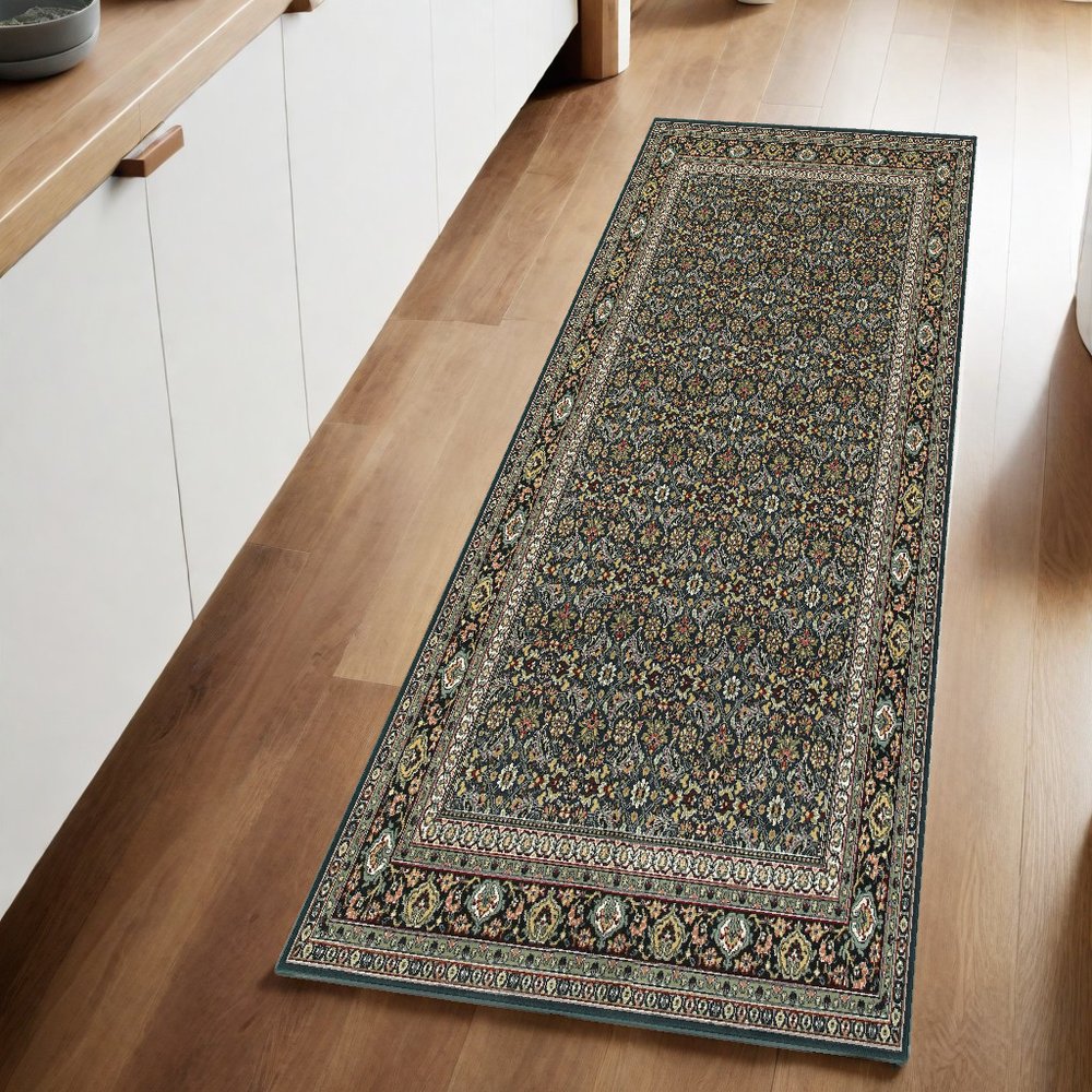 8' Navy Blue Green And Orange Oriental Runner Rug