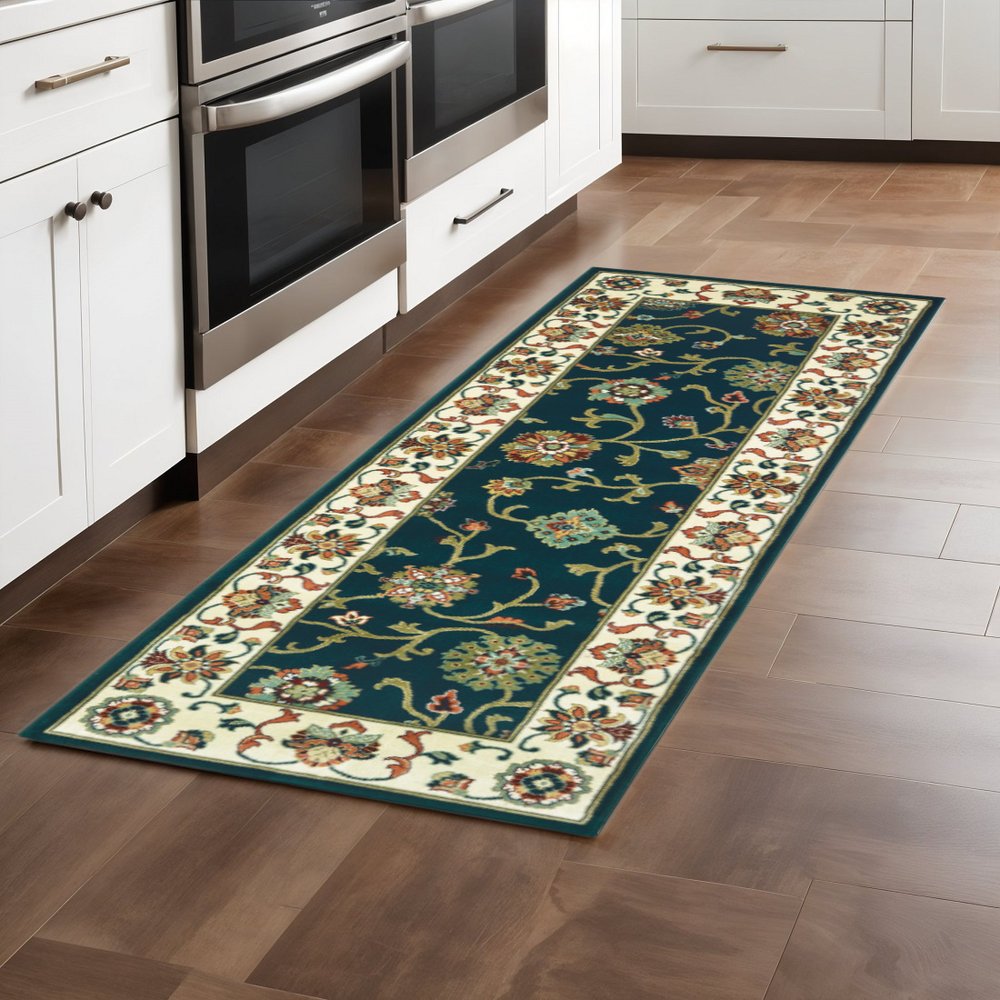 2' X 8' Navy And Ivory Oriental Power Loom Stain Resistant Runner Rug