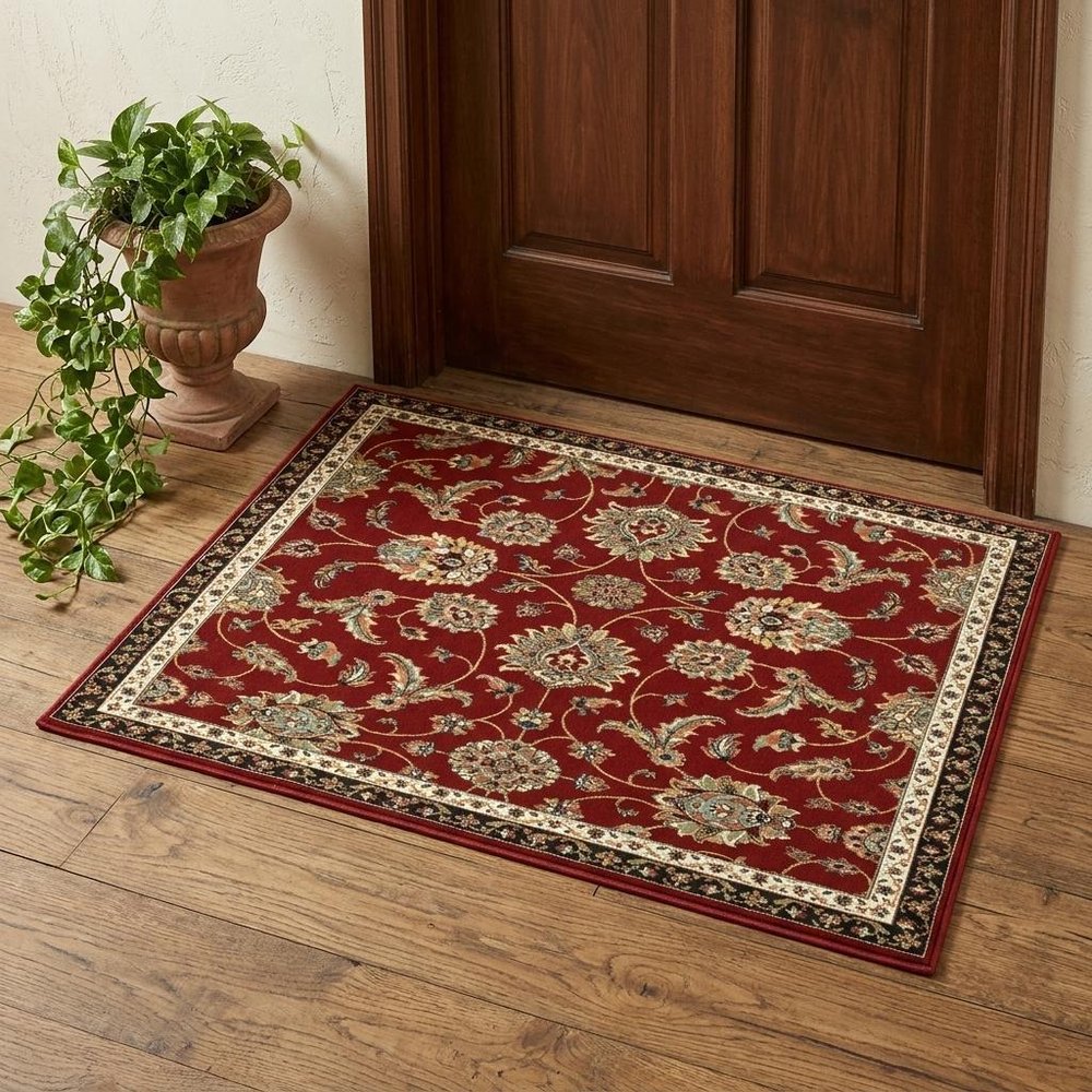 2' X 4' Red Black Blue Ivory Green And Salmon Oriental Power Loom Stain Resistant Area Rug