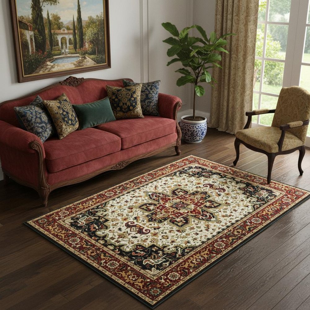 5' X 8' Red And Ivory Oriental Power Loom Stain Resistant Area Rug
