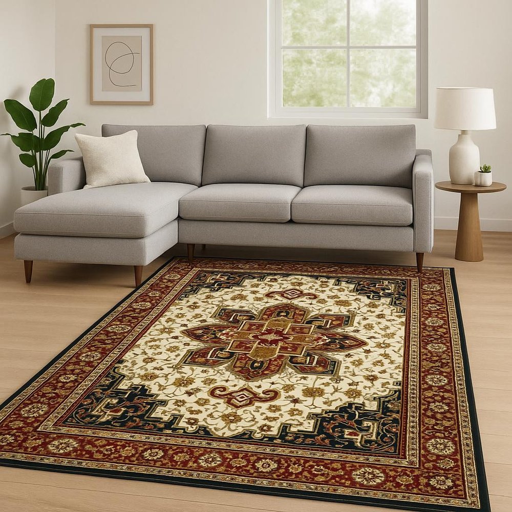 8' X 11' Red And Ivory Oriental Power Loom Stain Resistant Area Rug