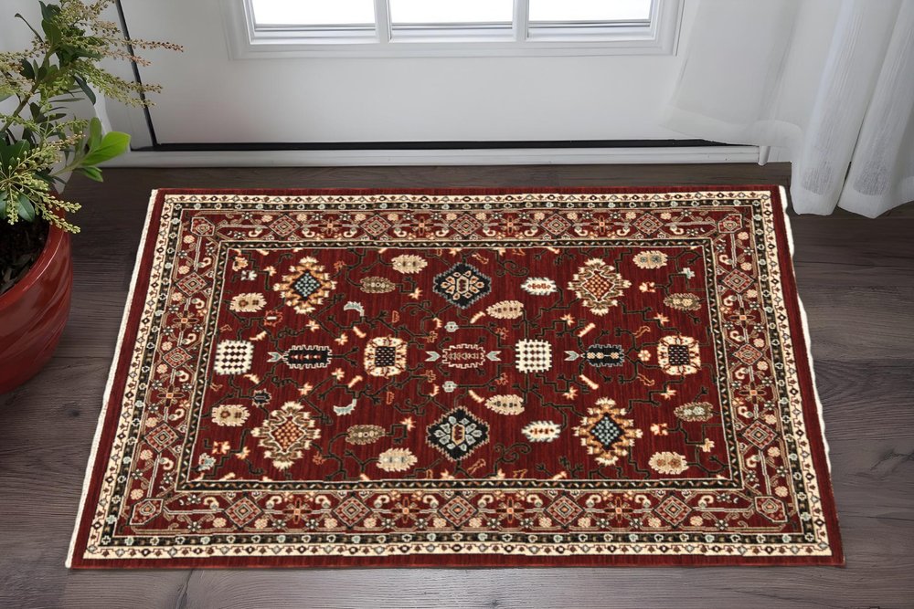3' X 5' Red Black Ivory And Brown Oriental Power Loom Stain Resistant Area Rug With Fringe