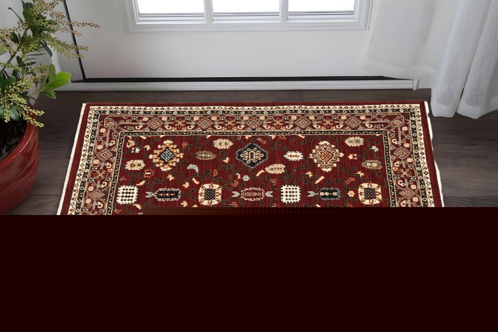 3' X 5' Red Black Ivory And Brown Oriental Power Loom Stain Resistant Area Rug With Fringe