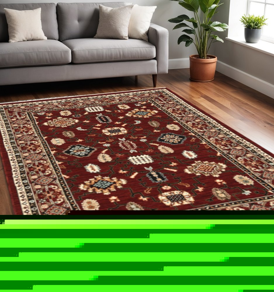 5' X 8' Red And Black Oriental Power Loom Area Rug With Fringe
