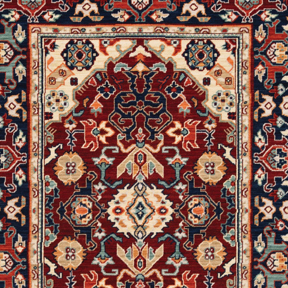 5' X 8' Red Blue Orange And Beige Oriental Power Loom Stain Resistant Area Rug With Fringe