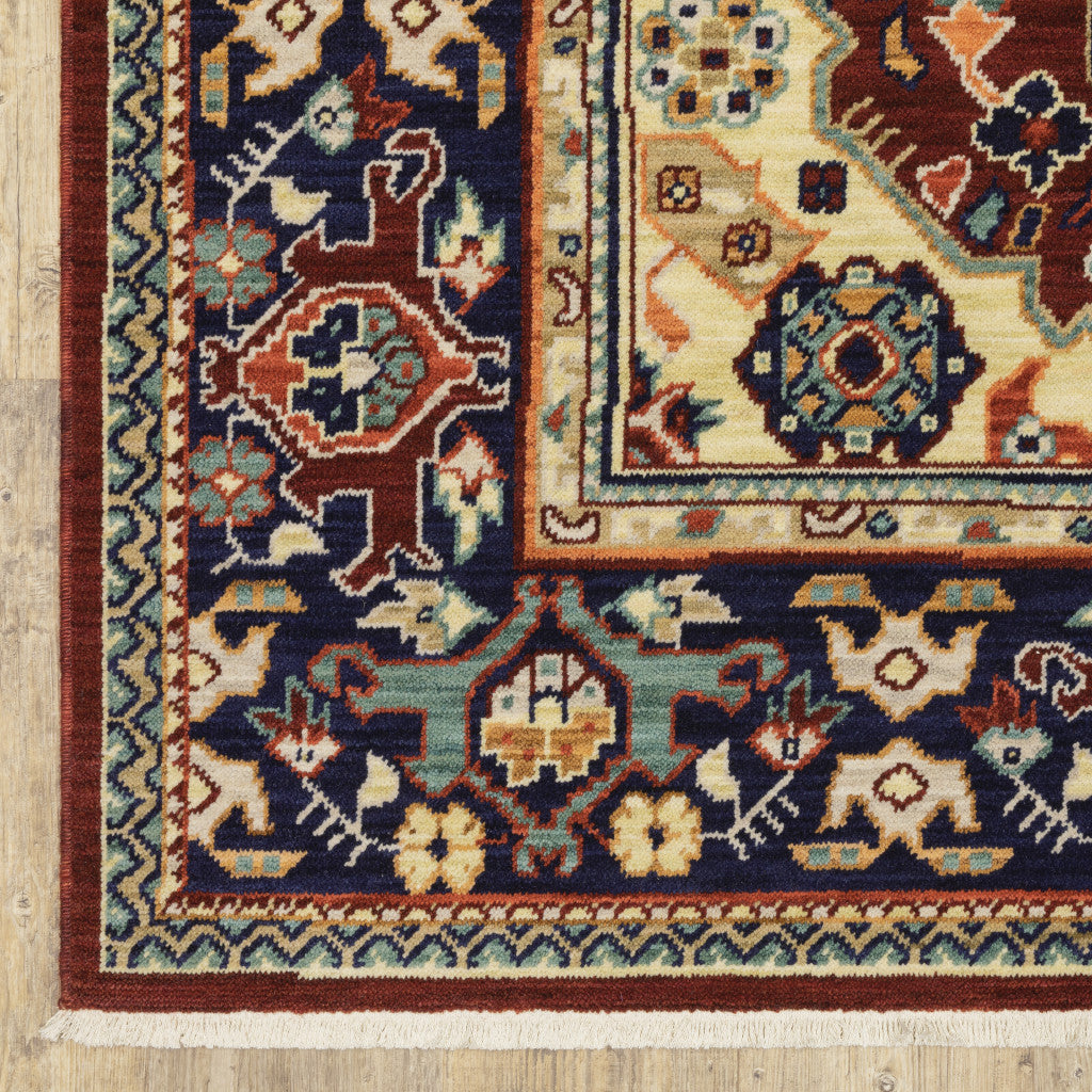 5' X 8' Red Blue Orange And Beige Oriental Power Loom Stain Resistant Area Rug With Fringe