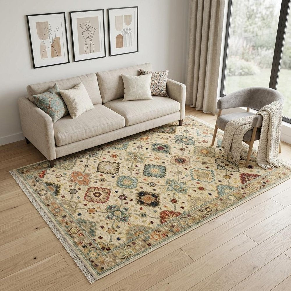 5' X 8' Blue And Beige Oriental Area Rug With Fringe