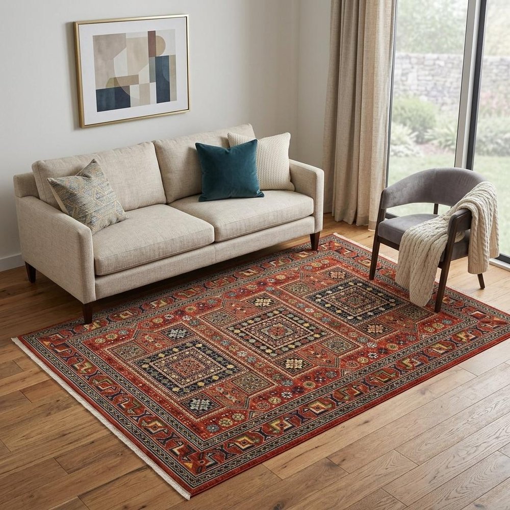5' X 8' Red Blue And Black Oriental Area Rug With Fringe