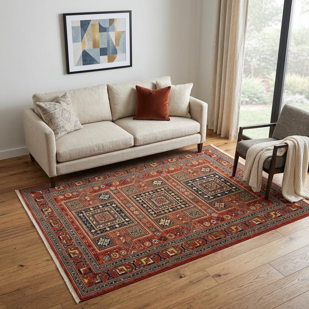 5' X 8' Red Blue And Black Oriental Area Rug With Fringe