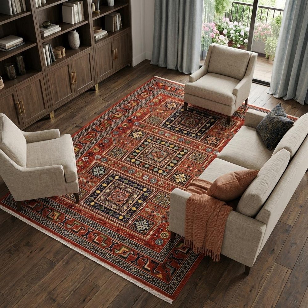 10' X 13' Red Blue And Black Oriental Area Rug With Fringe