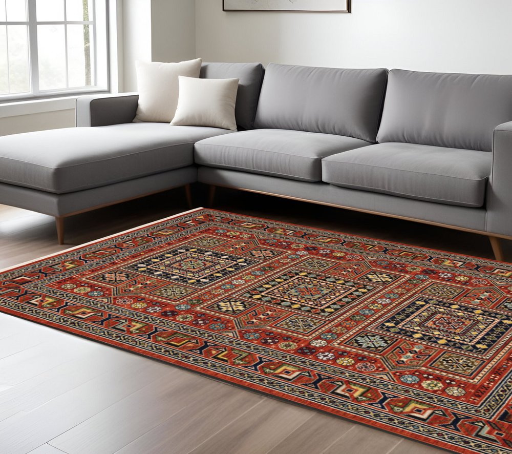 10' X 13' Red Blue And Black Oriental Area Rug With Fringe