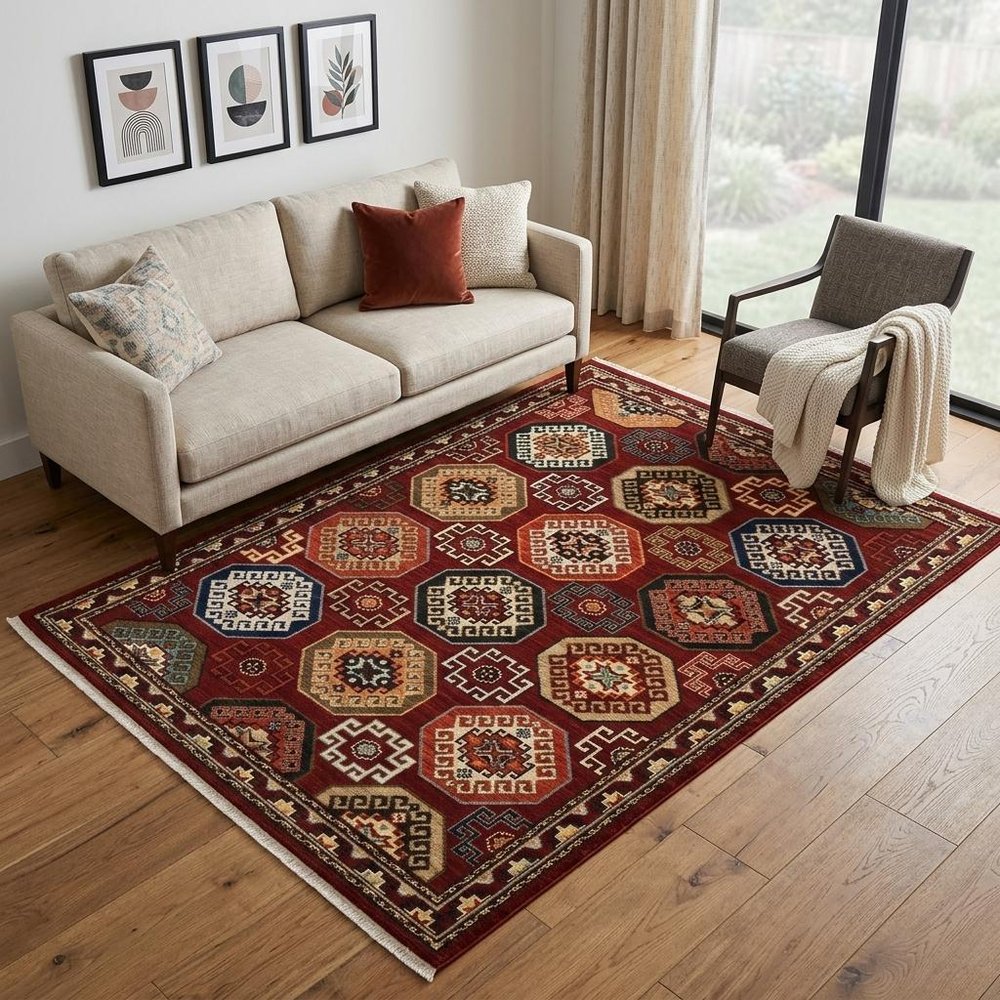 5' X 8' Red Blue And Black Oriental Area Rug With Fringe