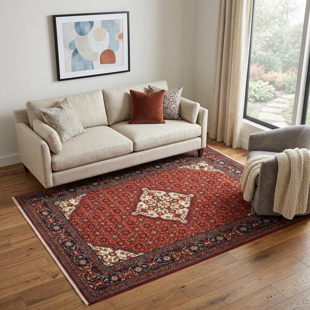 5' X 8' Red Blue And Black Oriental Area Rug With Fringe