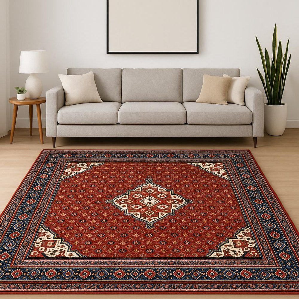 8' X 11' Red Blue Ivory And Orange Oriental Power Loom Stain Resistant Area Rug With Fringe