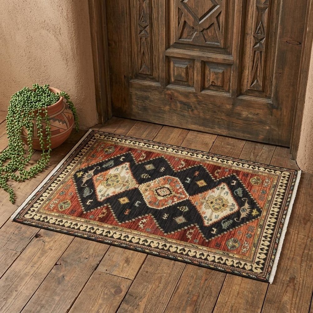2' X 3' Charcoal Brown Orange Salmon Gold Navy Ivory And Pale Blue Oriental Power Loom Stain Resistant Area Rug With Fringe