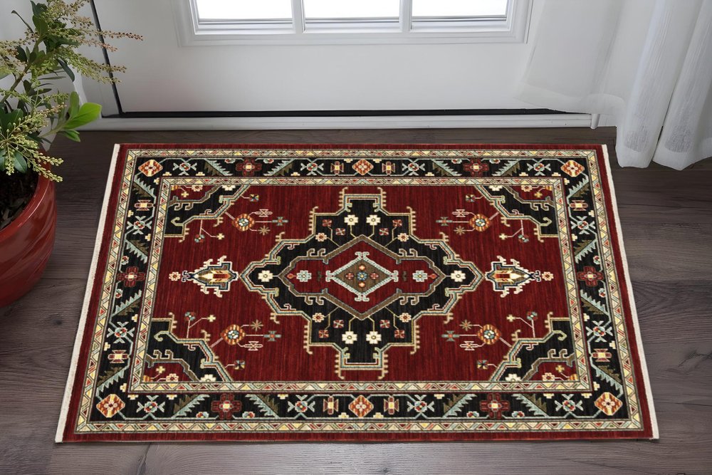 2' X 3' Red and Black Medallion Power Loom Area Rug