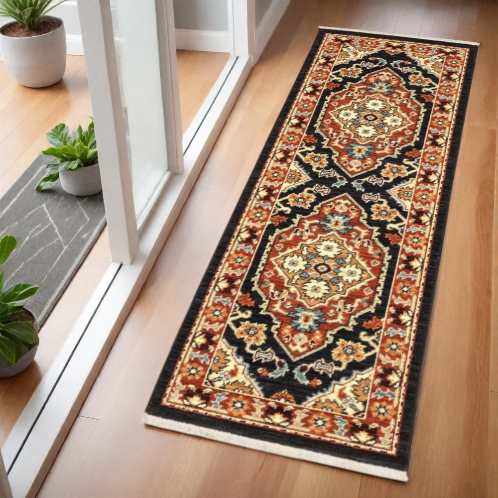 2' X 6' Black Orange And Beige Oriental Power Loom Stain Resistant Runner Rug With Fringe