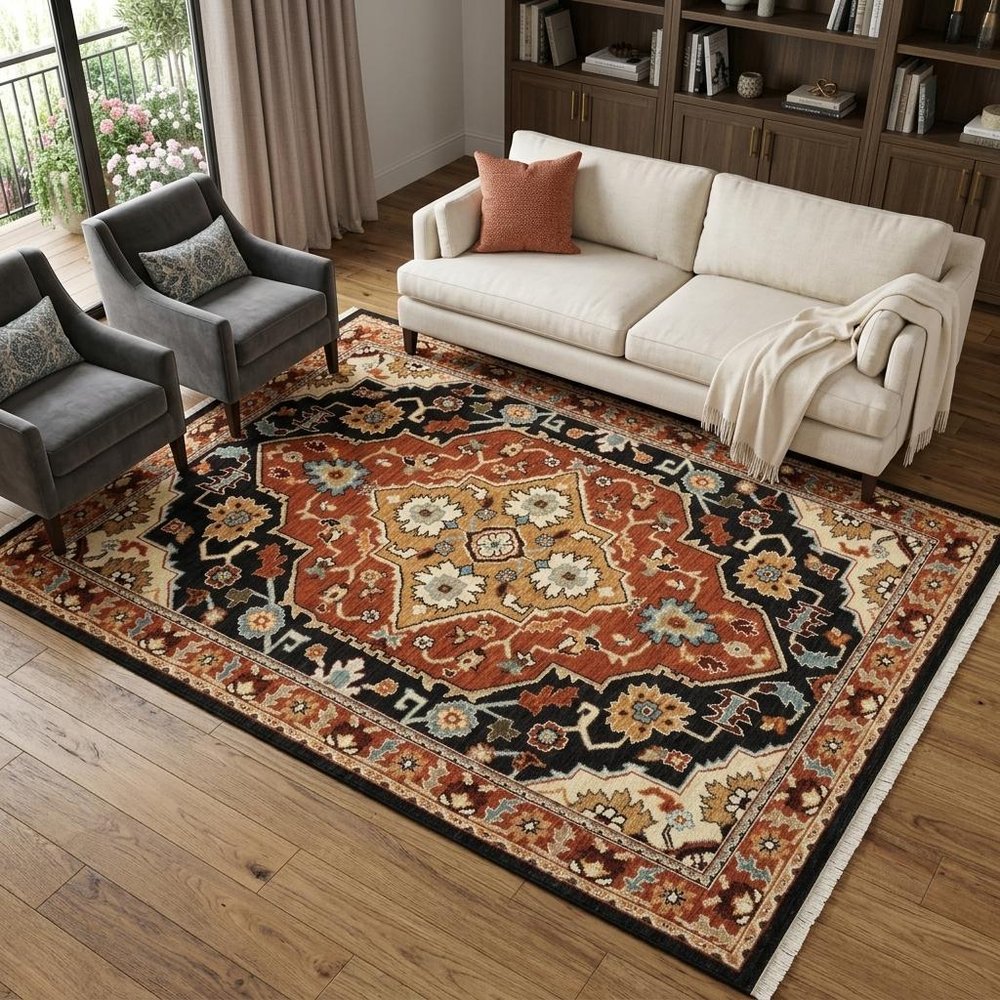 8' X 11' Black And Orange Oriental Area Rug With Fringe
