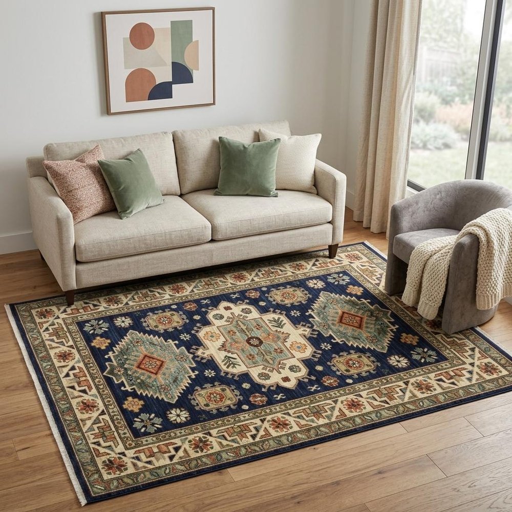 5' X 8' Blue and Beige Oriental Power Loom Area Rug With Fringe