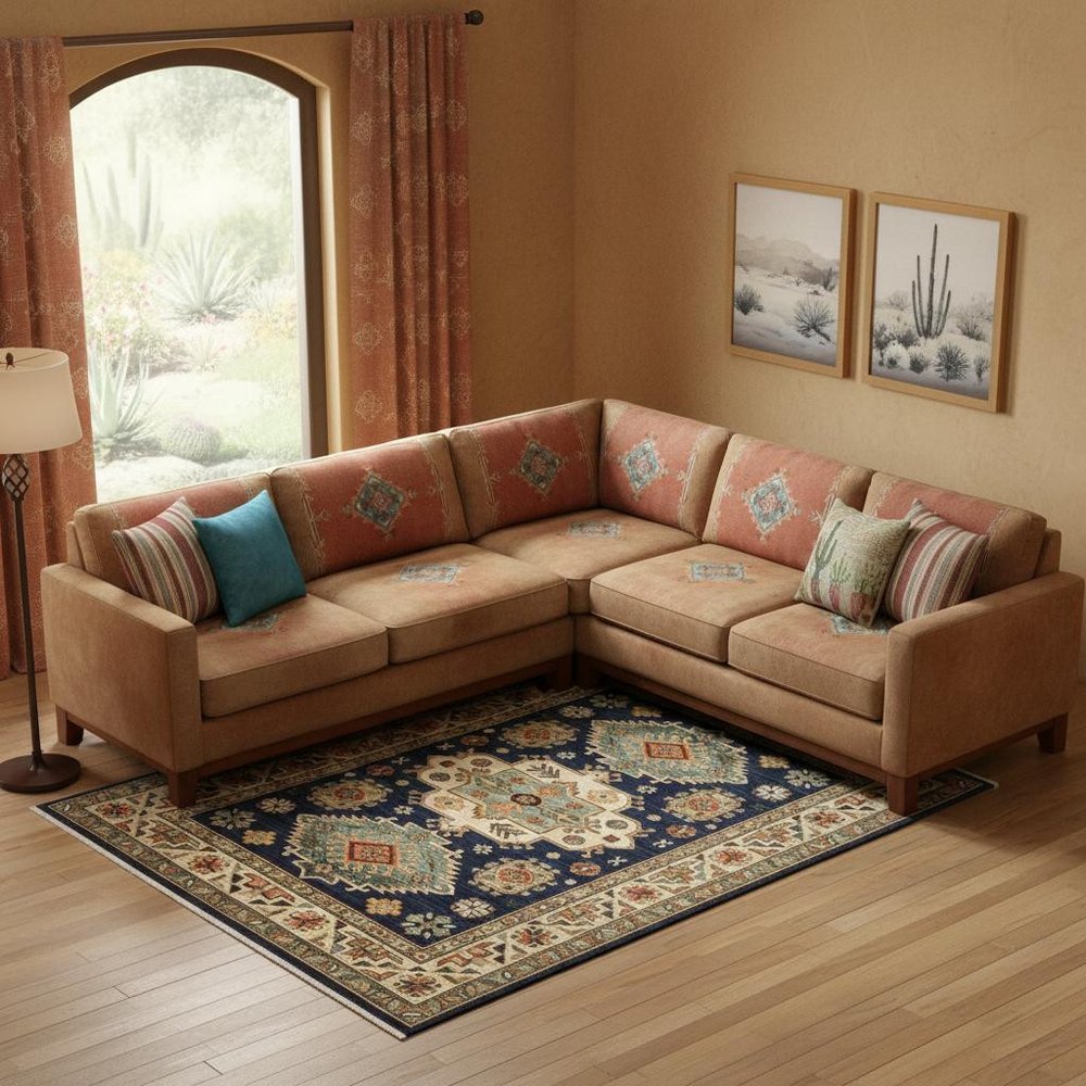 10' X 13' Navy Charcoal Orange Rust Gold Pale Blue Olive Beige And Salmon Oriental Power Loom Stain Resistant Area Rug With Fringe