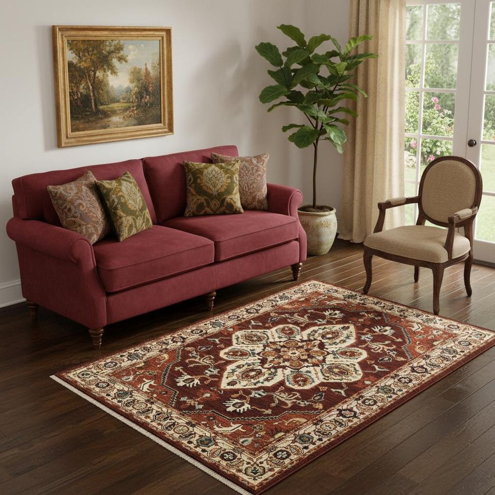 5' X 8' Red Ivory Orange And Blue Oriental Power Loom Stain Resistant Area Rug With Fringe