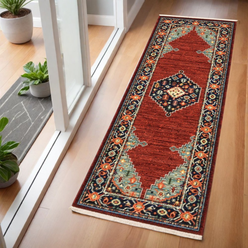 6' Red Blue And Black Medallion Runner Rug