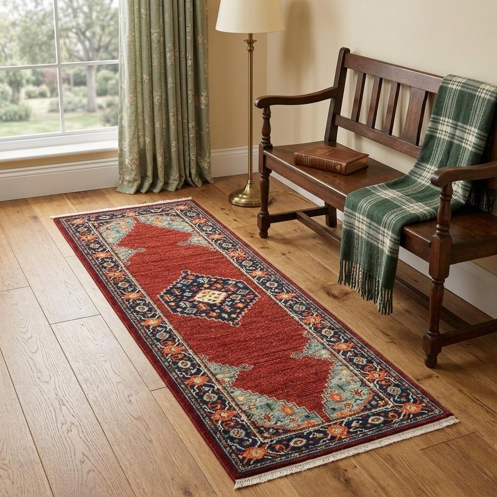 6' Red Blue And Black Medallion Runner Rug
